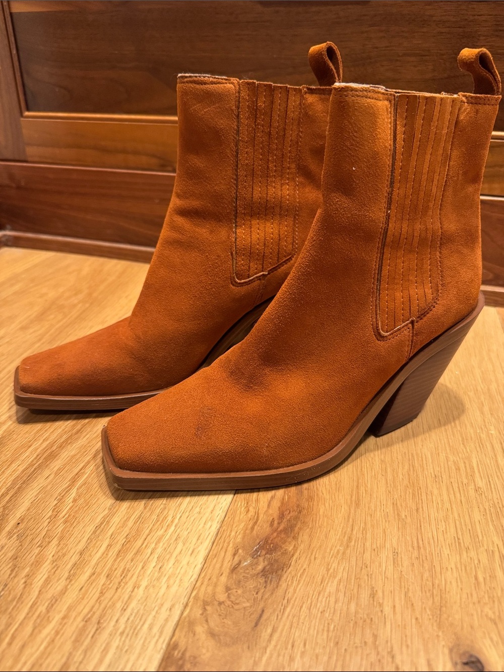 Vince Camuto Women's Suede Ankle Boots in Burnt Orange - Fashion Heel